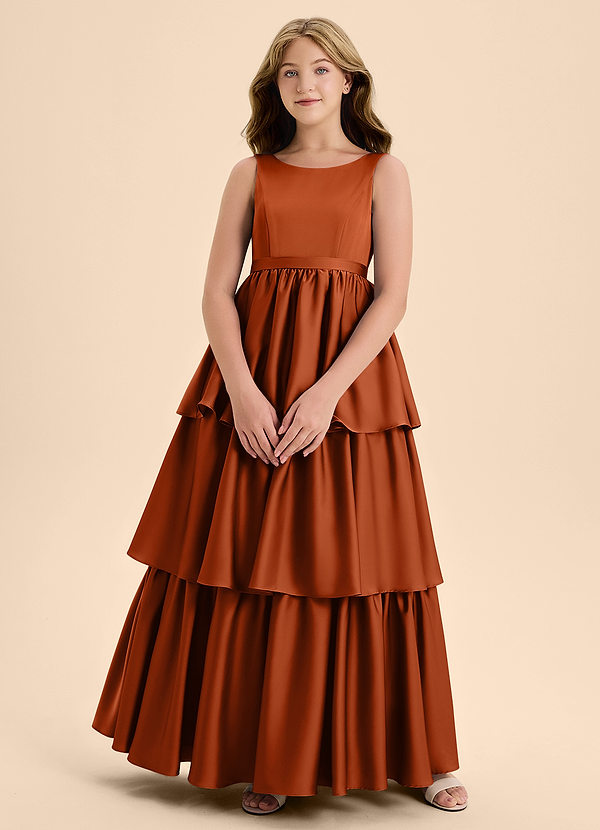 Azazie Meadowyn Junior Vestido de Naranja Quemada de Satén Elástico de Corte En A con Lazo image1