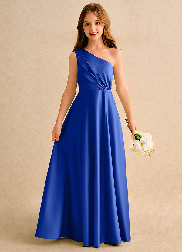 Azazie Puddles Girls Formal Flower Girl Dresses Royal Blue A-Line One Shoulder Matte Satin Dress image1