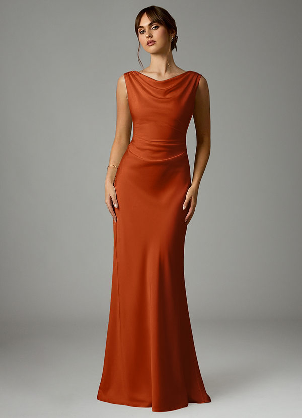 Azazie Kieryn Bridesmaid Dresses Burnt Orange Mermaid Pleated Stretch Satin Dress image1