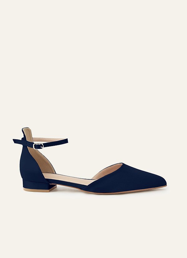 front Matching Color Matte Satin Pointed Toe Ankle Strap Block Flat Pumps