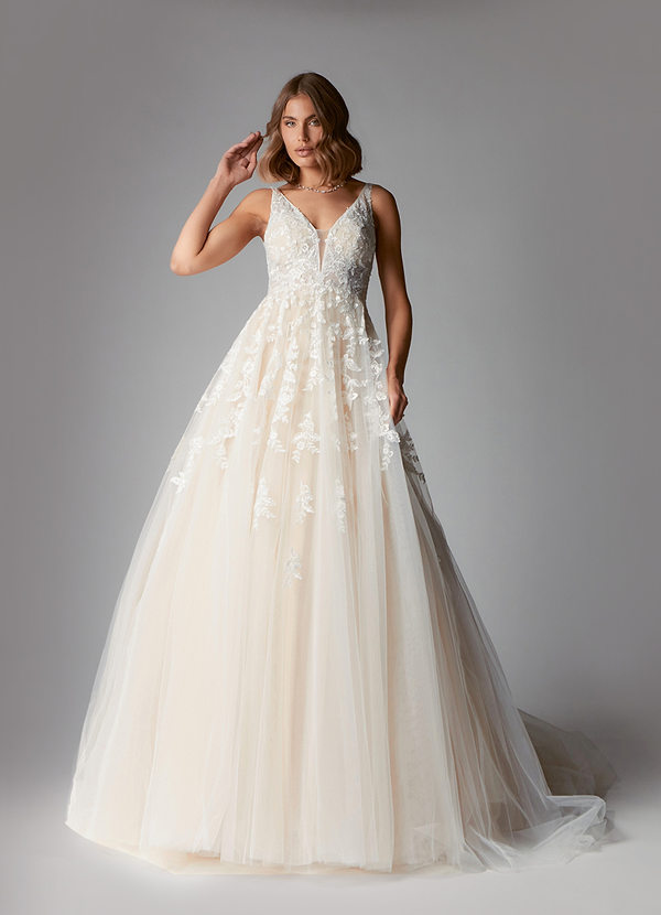 Azazie Sorella Wedding Dresses Diamond White Champagne A-Line V-Neck Sequins Tulle Dress image1