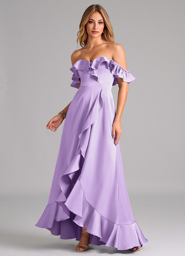 Azazie Lyra Bridesmaid Dresses Lilac A-Line Off the Shoulder Stretch Satin Convertible Dress image1