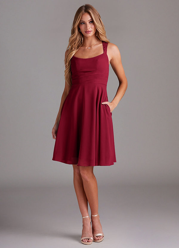 Azazie Vina Bridesmaid Dresses Burgundy A-Line Lace Chiffon Dress image1