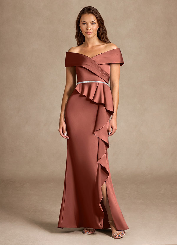 Azazie Dareia Brautmutterkleider Meerjungfrau-Linie Schulterfrei Stretch-Satin Kleid Rotbraun image1