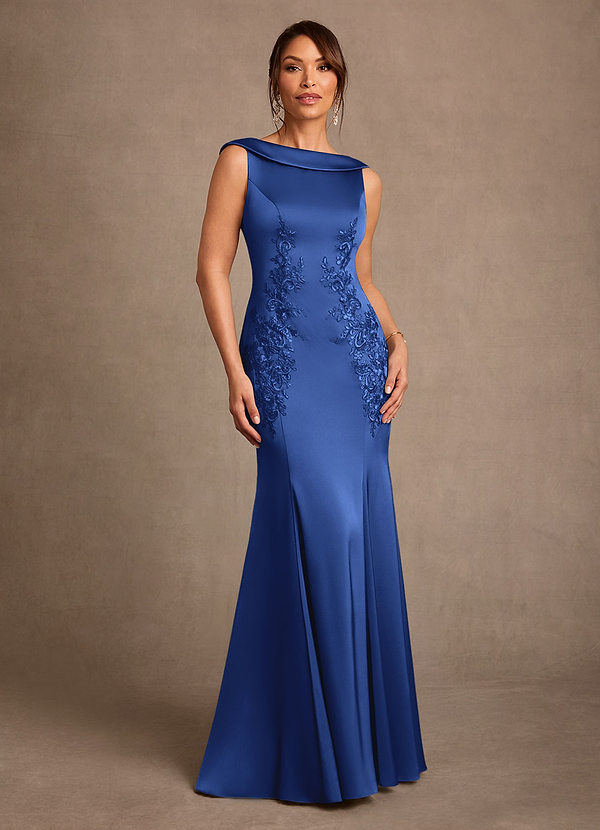 Azazie Franny Mother of the Brides Dresses Royal Blue Sheath Lace Stretch Satin Dress image1