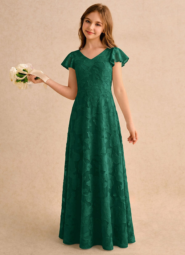 Azazie Narin Girls Formal Sukienki dla Dziewczynki Sypiącej Kwiaty Linia A z Rękawami Kwiatowe wypalenie Długość podłogi Sukienka image1