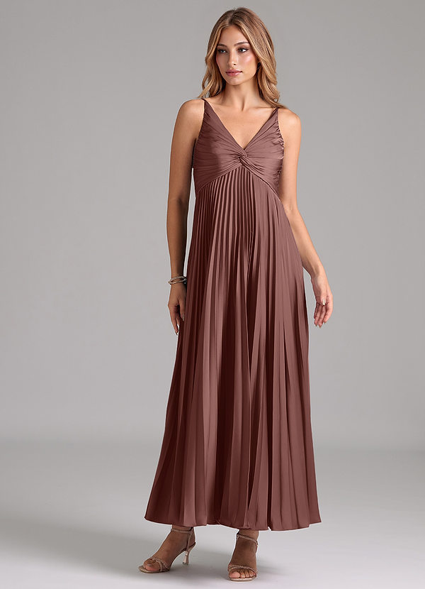 Azazie Raychelle Bridesmaid Dresses Espresso A-Line Pleated Stretch Satin Dress image1