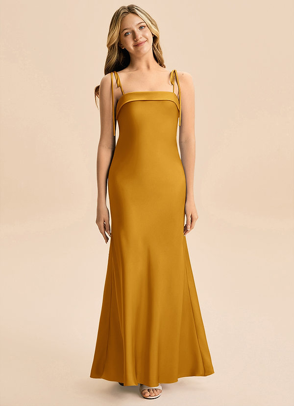 Azazie Willa Junior Butterscotch A-Line Bow Stretch Satin Dress image1
