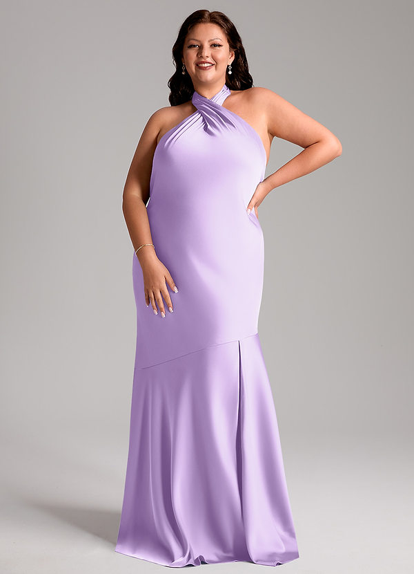 Azazie Lorena Robes Demoiselle d'honneur Robe Sirène en Satin extensible Plissée Lilas image1