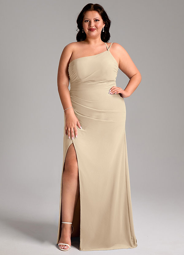 Azazie Eren Vestidos Dama de Honor Vestido de Champán de Gasa de Corte Recto con Hombro unilateral image1