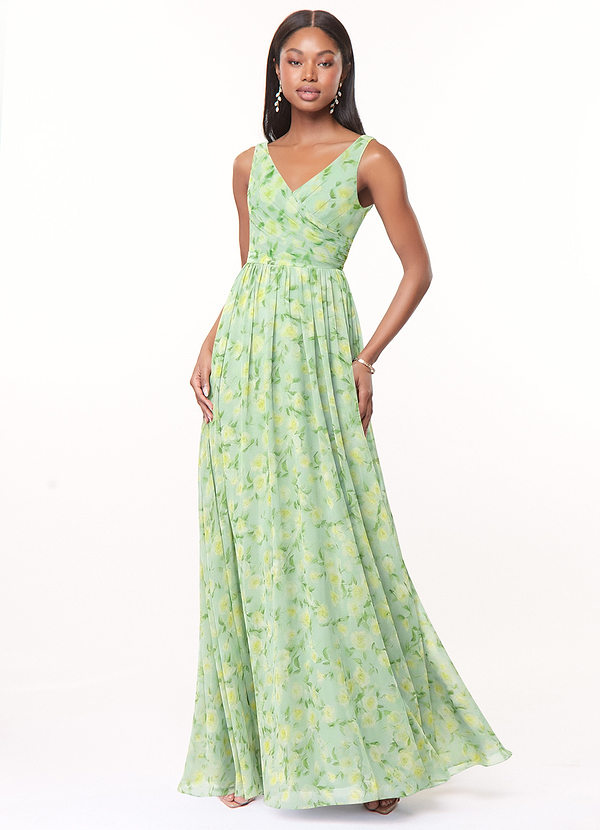 Keyla Vestidos de dama de honor Vestido Salvia Floral De Ensueño de Gasa de Línea A con Cuello en V Plisado image1