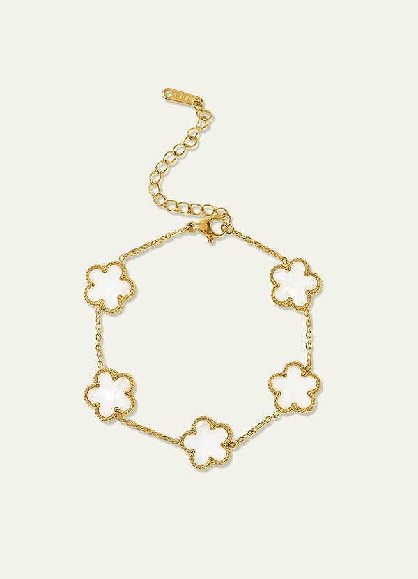 front Bracelet à breloques trèfle à cinq feuilles en acier inoxydable plaqué or 18 carats