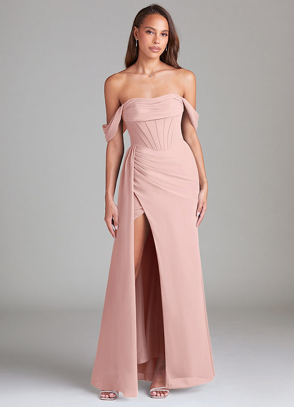 Azazie Amyra Robes de demoiselle d'honneur Robe Fourreau Convertible en Mousseline de soie Épaules dénudées Rose Poudré image1