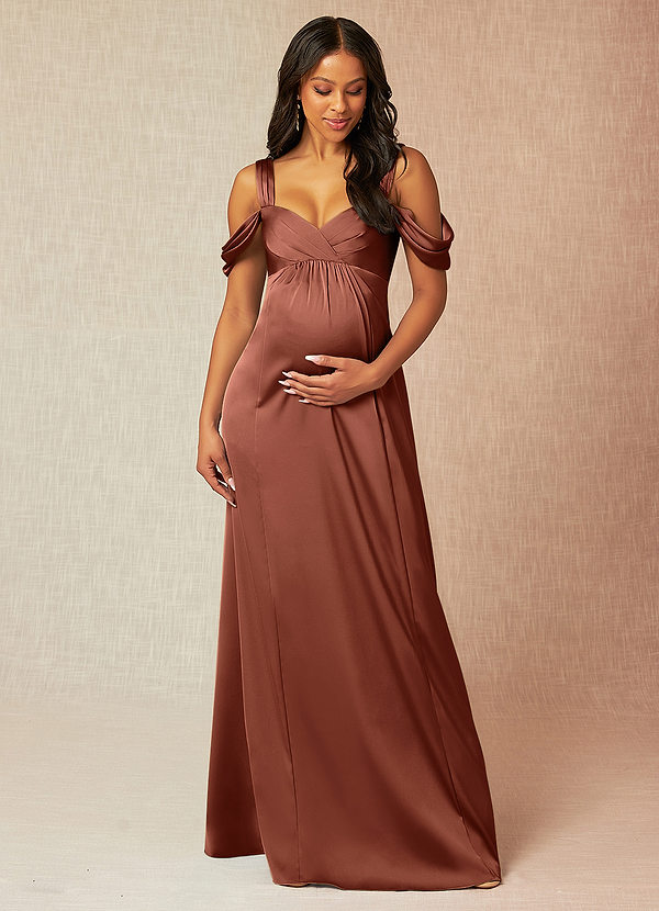 Azazie Rhea Maternity Bridesmaid Dresses A-Line Off-The-Shouler Pleated Stretch Satin Floor-Length Dress image1