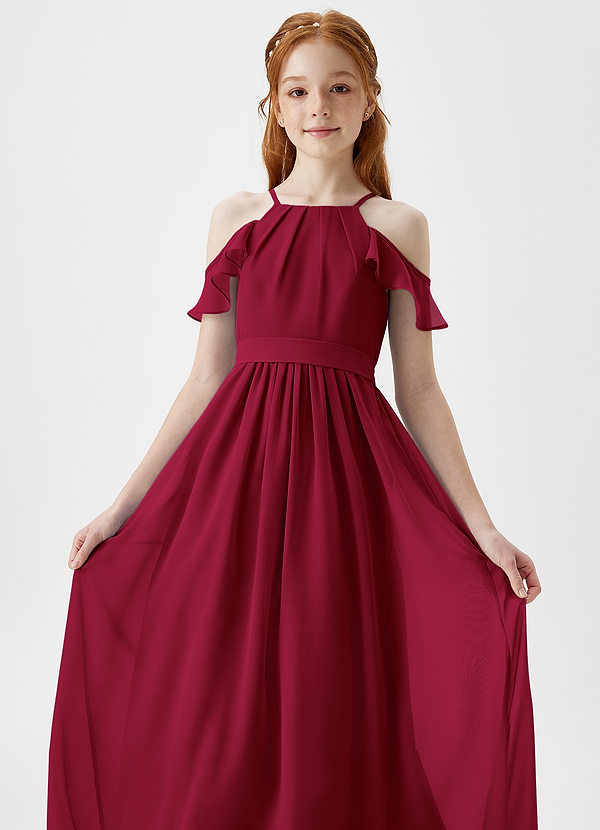 Azazie Chaya Junior Burgundy A-Line Off the Shoulder Chiffon Dress image1