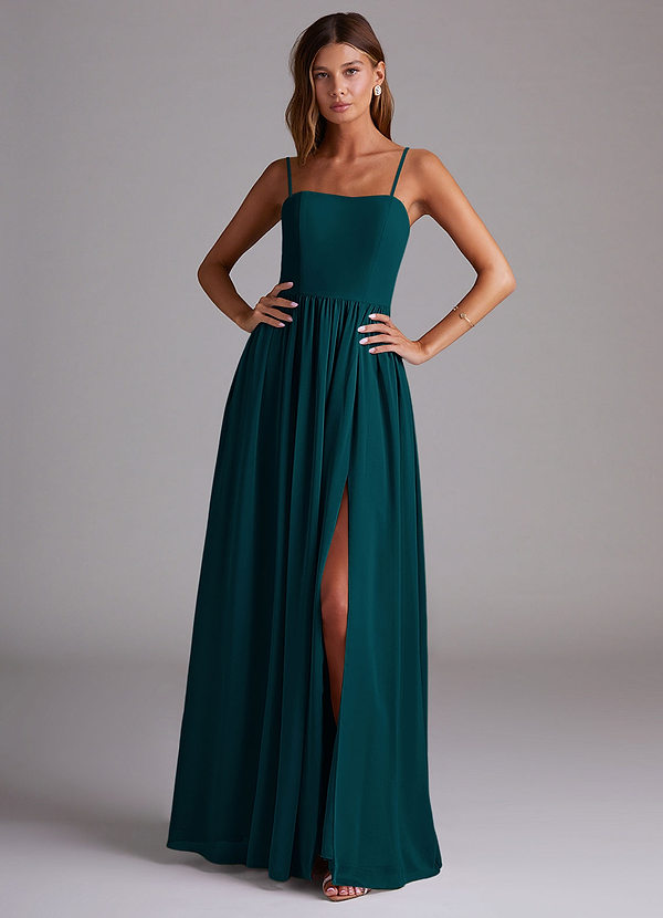 Azazie Calianna Bridesmaid Dresses Pine A-Line Off the Shoulder Chiffon Convertible Dress image1