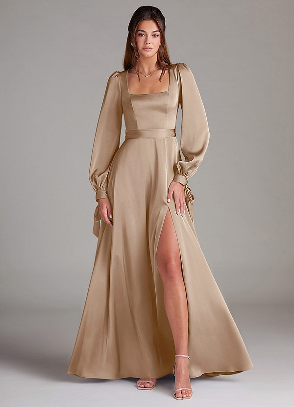 Azazie Leonia Bridesmaid Dresses Taupe A-Line Long Sleeve Stretch Satin Dress image1
