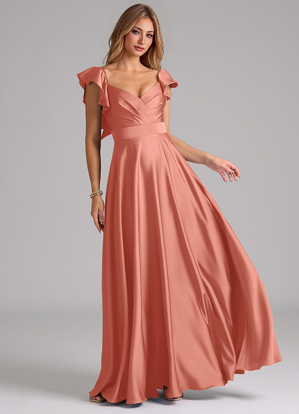 Azazie Leilani Robes Demoiselle d'honneur Robe Trapèze en Satin extensible Rayé Rose Saumon image1