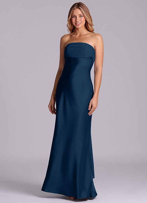 Azazie Ailanie Robes Demoiselle d'honneur Robe Fourreau en Satin extensible Sans bretelles Bleu Marine Foncé image1