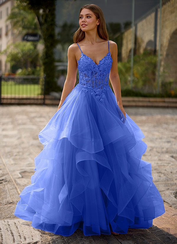 Spitze Royal Blue A-line V Neck Sheer Lace Corset Ruffle Prom Dress image1