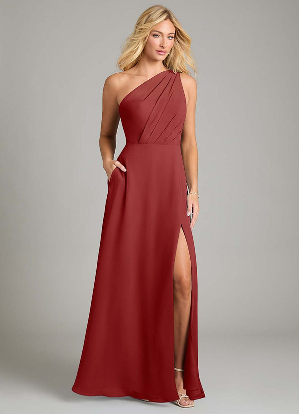 Azazie Phaedra Bridesmaid Dresses Rust A-Line One Shoulder Chiffon Dress image1