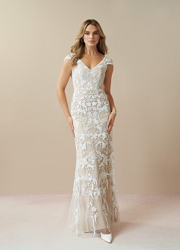 Azazie Devonna Wedding Dresses Sheath V-Neck Sequins Lace Floor-Length Dress image1