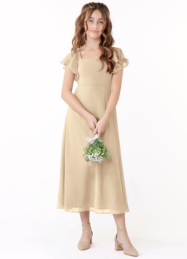 Azazie Bondi Junior A라인 셔링 쉬폰 티 길이 주니어 신부 들러리 드레스 image1