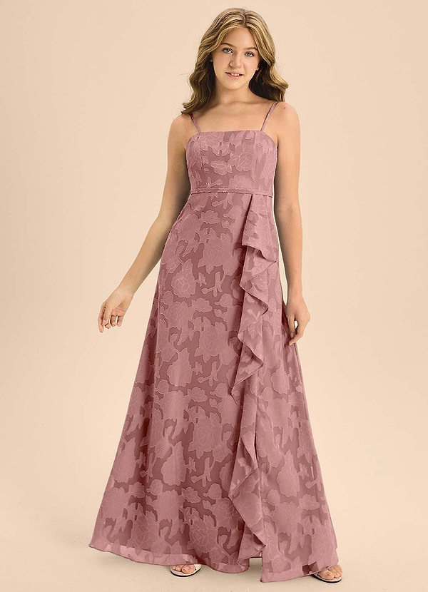 Azazie Kaylee Junior Dusty Rose A-Line with Belt Floral Burnout Dress image1