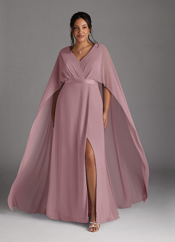 Azazie Isa Robe Mère de la Mariée & du Marié Robe Trapèze en Mousseline de soie Col V plissé Rose Poussiéreuse image1