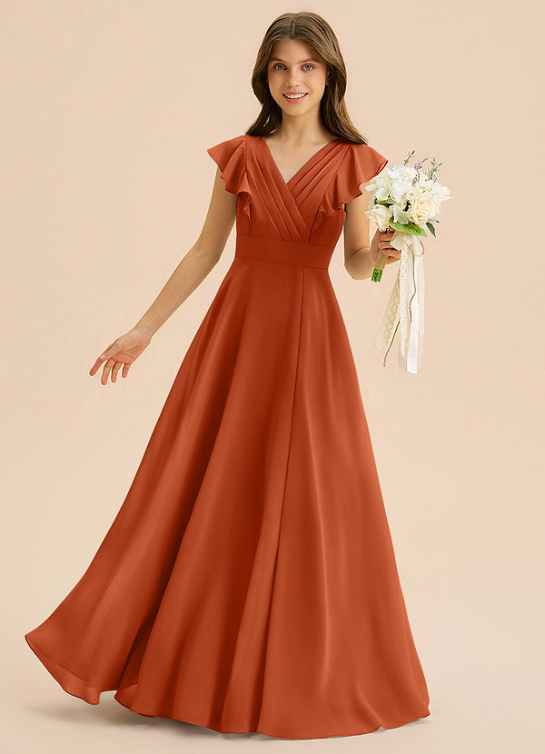 Azazie Anysa Junior Robe Trapèze en Mousseline de soie Rayé Orange Brûlée image1