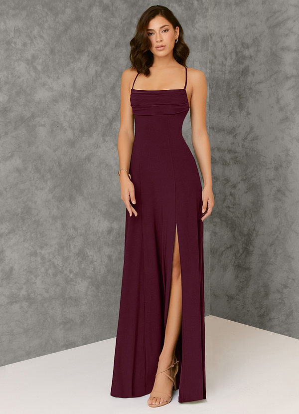 Azazie Aubrianna Bridesmaid Dresses Cabernet A-Line Pleated Luxe Knit Dress image1