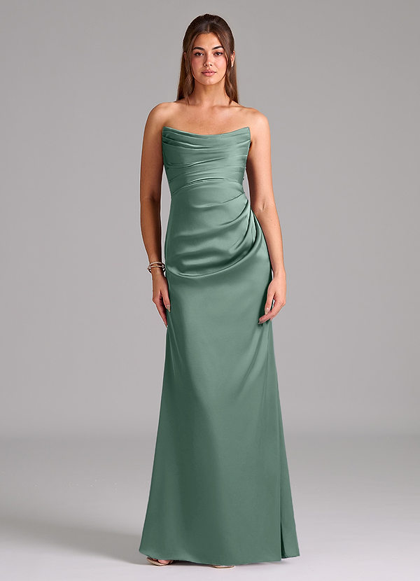 Azazie Lucille Bruidsmeisjes Jurken Converteerbaar Jurk van Stretch Satijn met Zeemeermin Strapless Eucalyptus image1