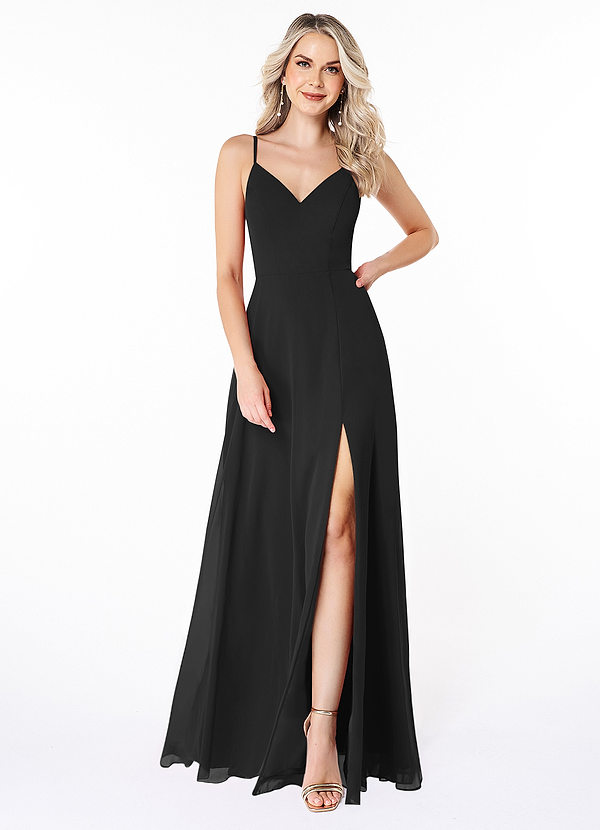 Azazie Lena Bridesmaid Dresses Black A-Line Lace Chiffon Dress image1