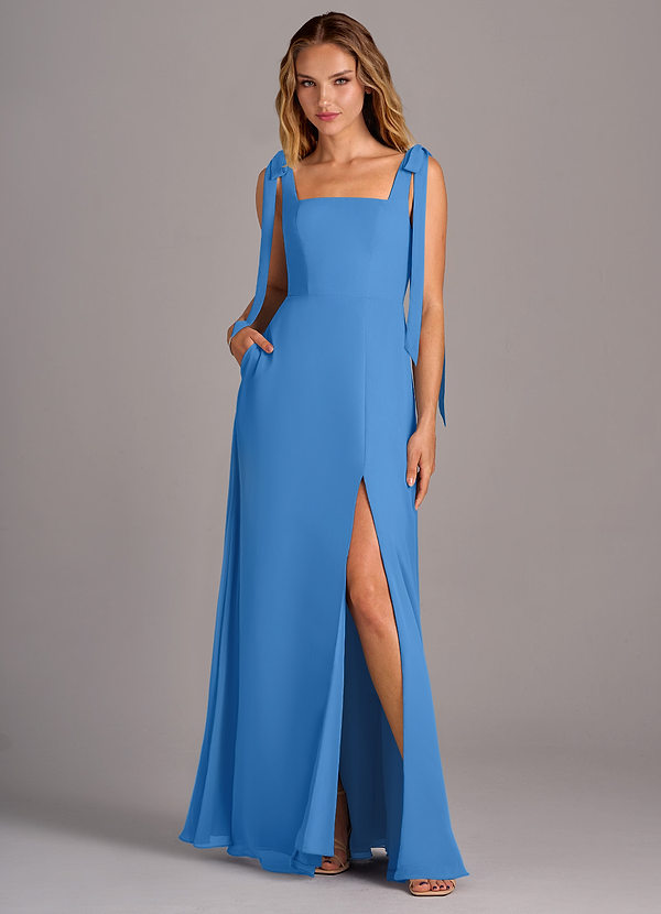 Azazie Debra Bridesmaid Dresses Blue Jay A-Line with Pockets Chiffon Convertible Dress image1