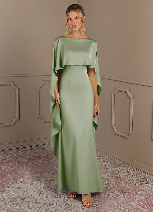 Azazie Eli Mother of the Brides Dresses Dusty Sage Sheath Boatneck Stretch Satin Dress image1