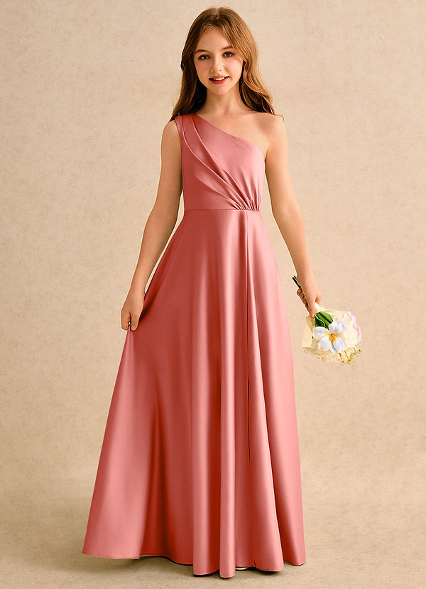 Azazie Puddles Girls Formal Robes de cortège enfant Robe Trapèze en Mat Satiné Asymétrique Rose Saumon image1
