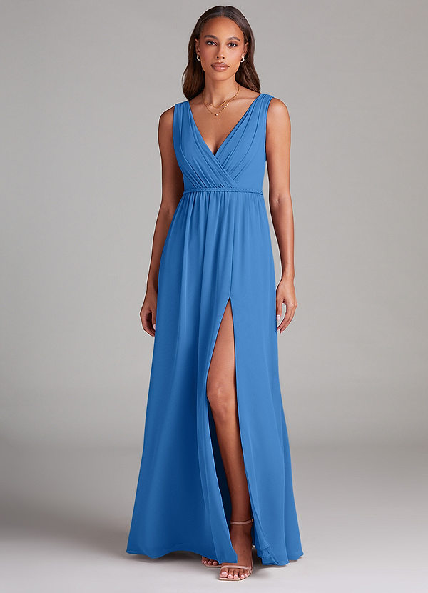 Azazie Tanicia Robes Demoiselle d'honneur Robe Trapèze en Mousseline de soie Plissée Geai Bleu image1