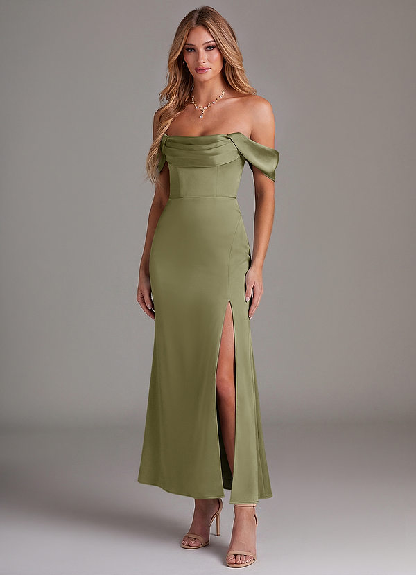 Azazie Saige 신부 들러리 드레스 인어 오프 더 숄더 스트레치 새틴 발목 길이 드레스 image1
