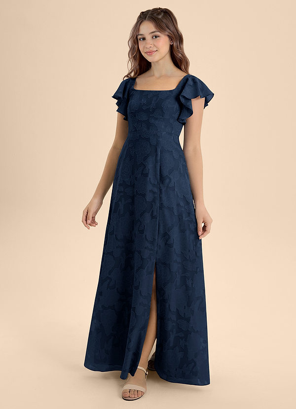 Azazie Bondi Junior Dark Navy A-Line Bow Floral Burnout Dress image1