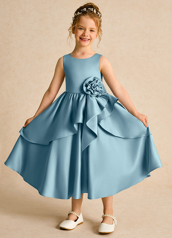 Azazie Hermia Flower Girl Dresses Moody Blue A-Line Sleeveless Matte Satin Dress image1