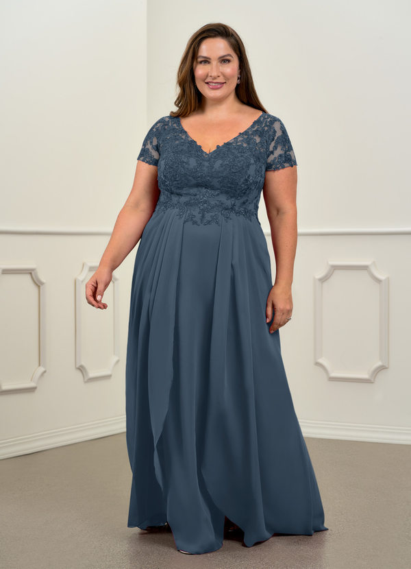 Azazie Dunja Vestidos de Madre de la Novia Vestido de Neptuno de Gasa de Corte en A con Encaje cuello pico image1