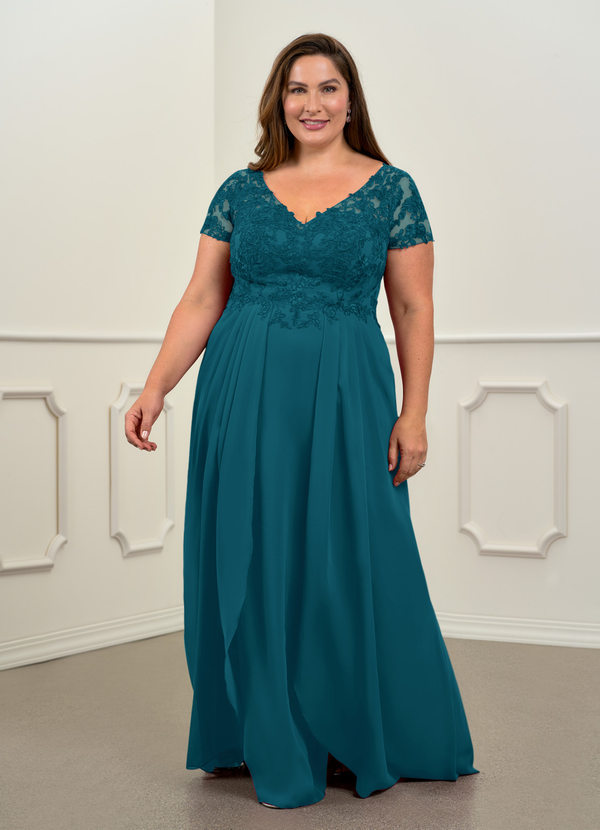 Azazie Dunja Mother of the Brides Dresses Ink Blue A-Line V-Neck Lace Chiffon Dress image1