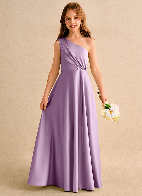 Azazie Puddles Girls Formal Flower Girl Dresses Wisteria A-Line One Shoulder Matte Satin Dress image1