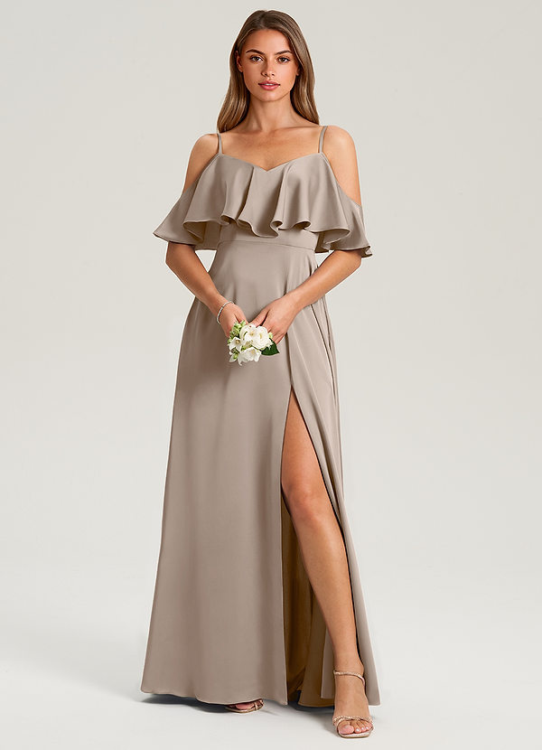 Jean Bridesmaid Dresses Taupe A-Line Off the Shoulder Stretch Satin Dress image1