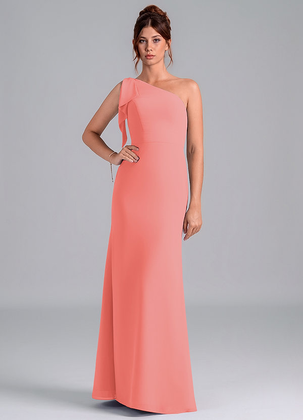 Azazie Rinna Bridesmaid Dresses Coral Mermaid One Shoulder Chiffon Dress image1