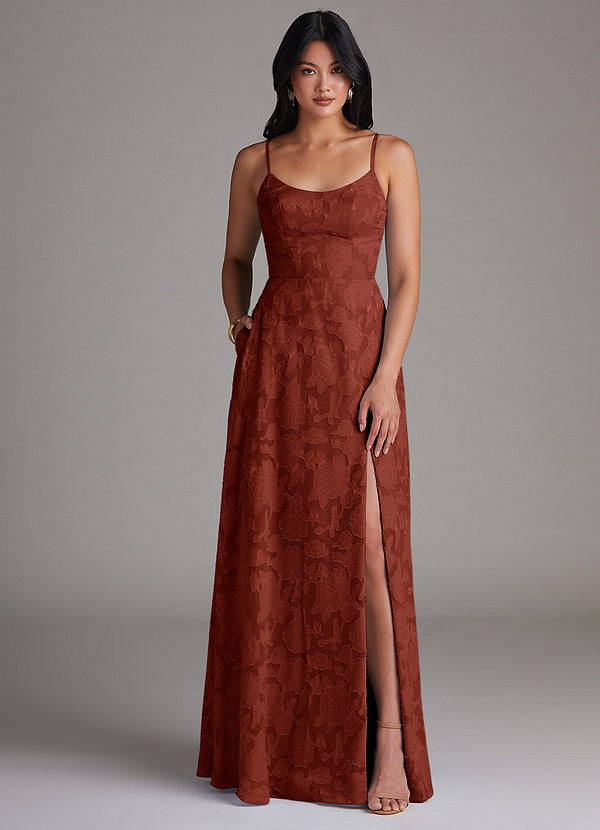 Azazie Moira Bridesmaid Dresses Terracotta A-Line Side Slit Floral Burnout Dress image1