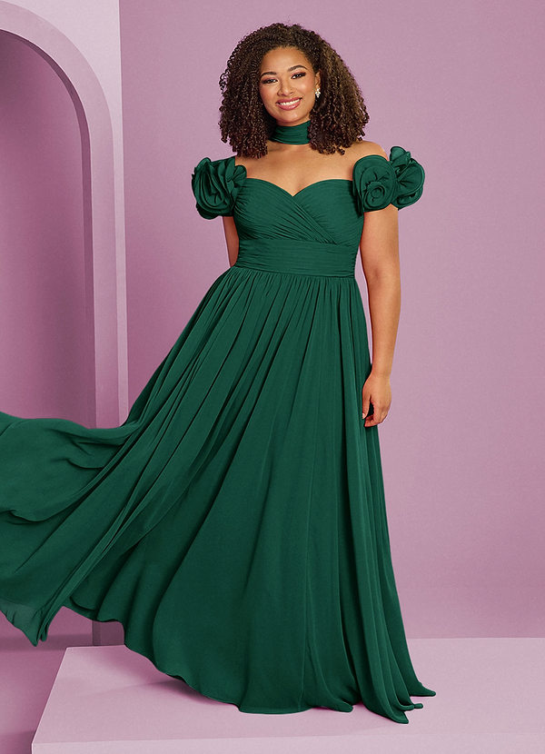 Barbie ♥ Azazie Bruidsmeisjes Jurken Converteerbaar Jurk van Chiffon met A-Lijn Off the Shoulder Smaragd image1