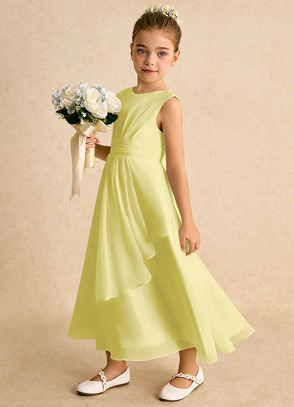 Azazie Edelweiss Robes de Fillette d'Honneur Robe Trapèze en Mousseline de soie Plissée Sorbet Citron image1