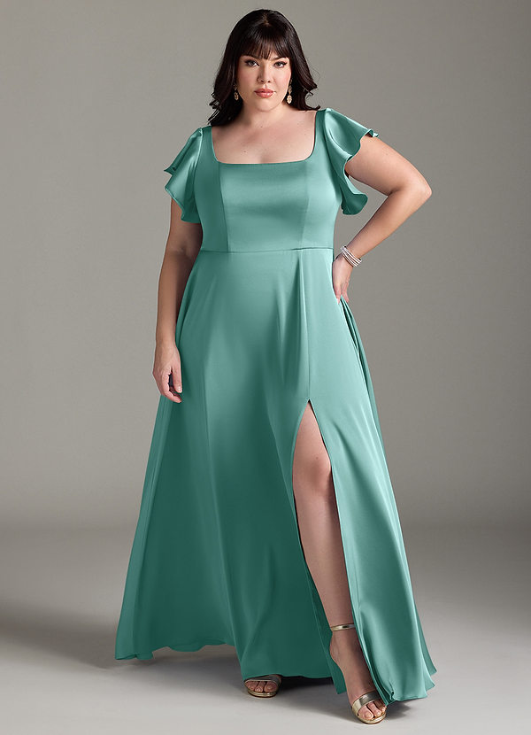 Azazie Bondi Bridesmaid Dresses Aqua A-Line Bow Stretch Satin Dress image1