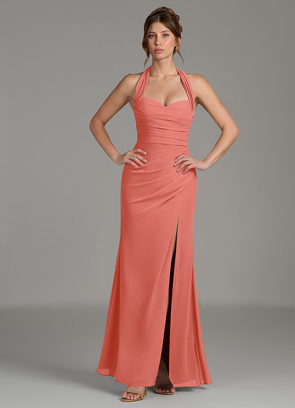 Azazie Destiny Vestidos de dama de honor Vestido Rosa Salmón de Gasa de Corte Sirena con Escote corazón image1